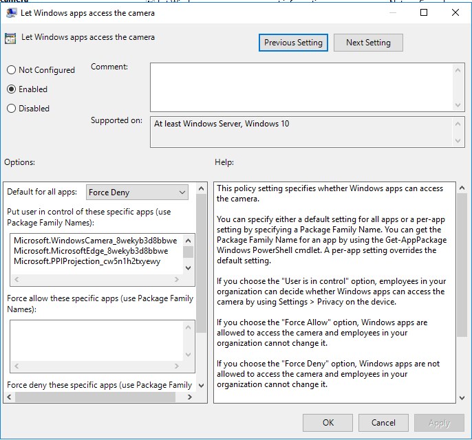 GPO settings camera privacy