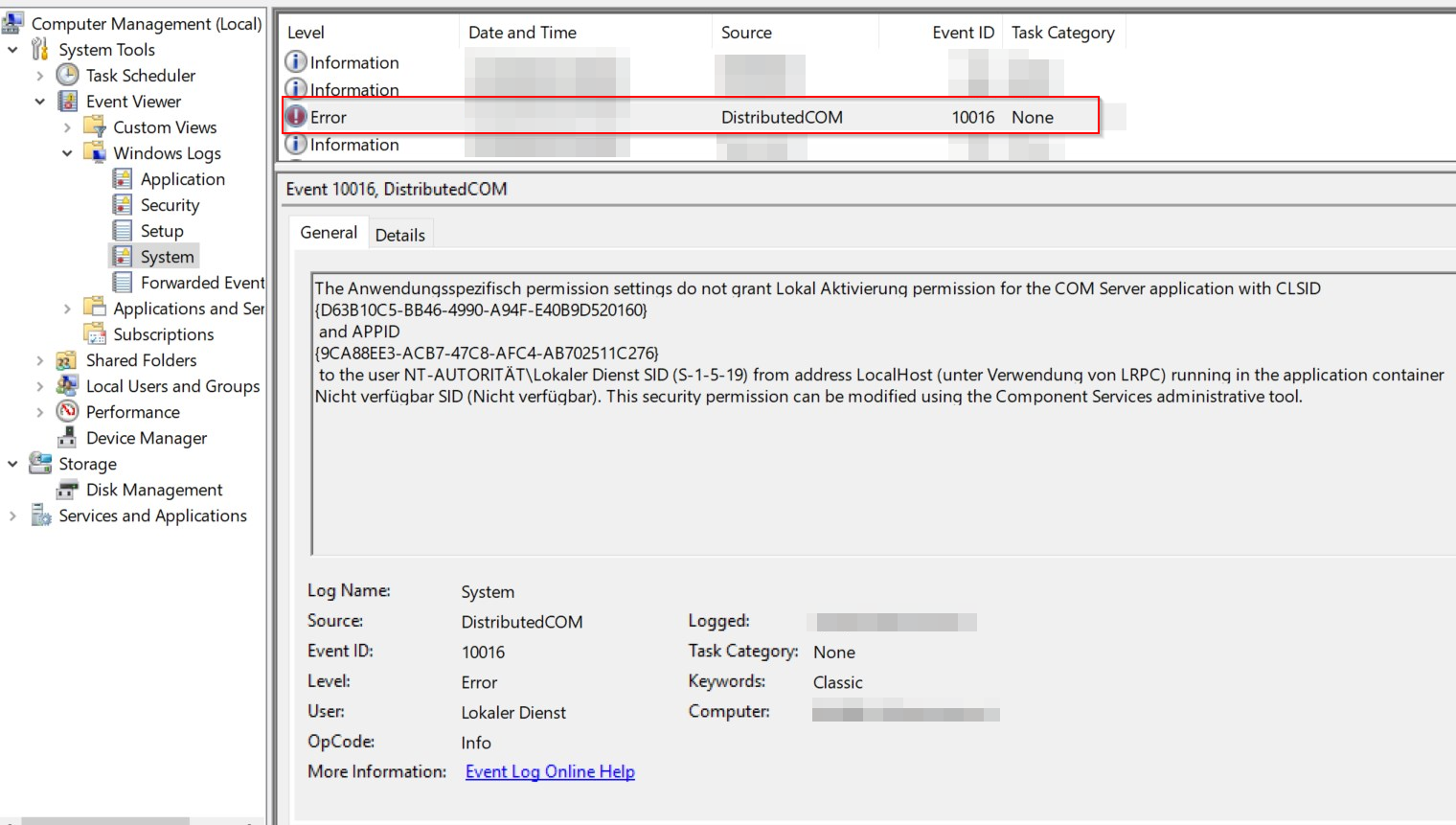 Windows eventlog error DCOM