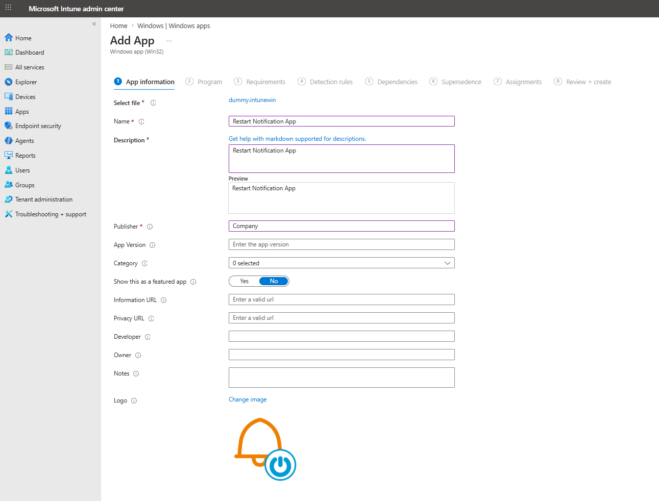 App information tab with dummy.intunewin uploaded
