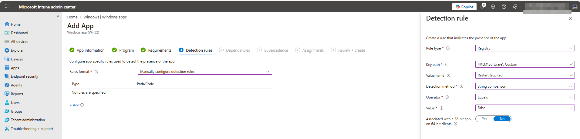Detection rule configured against HKLM\Software_Custom\RestartRequired