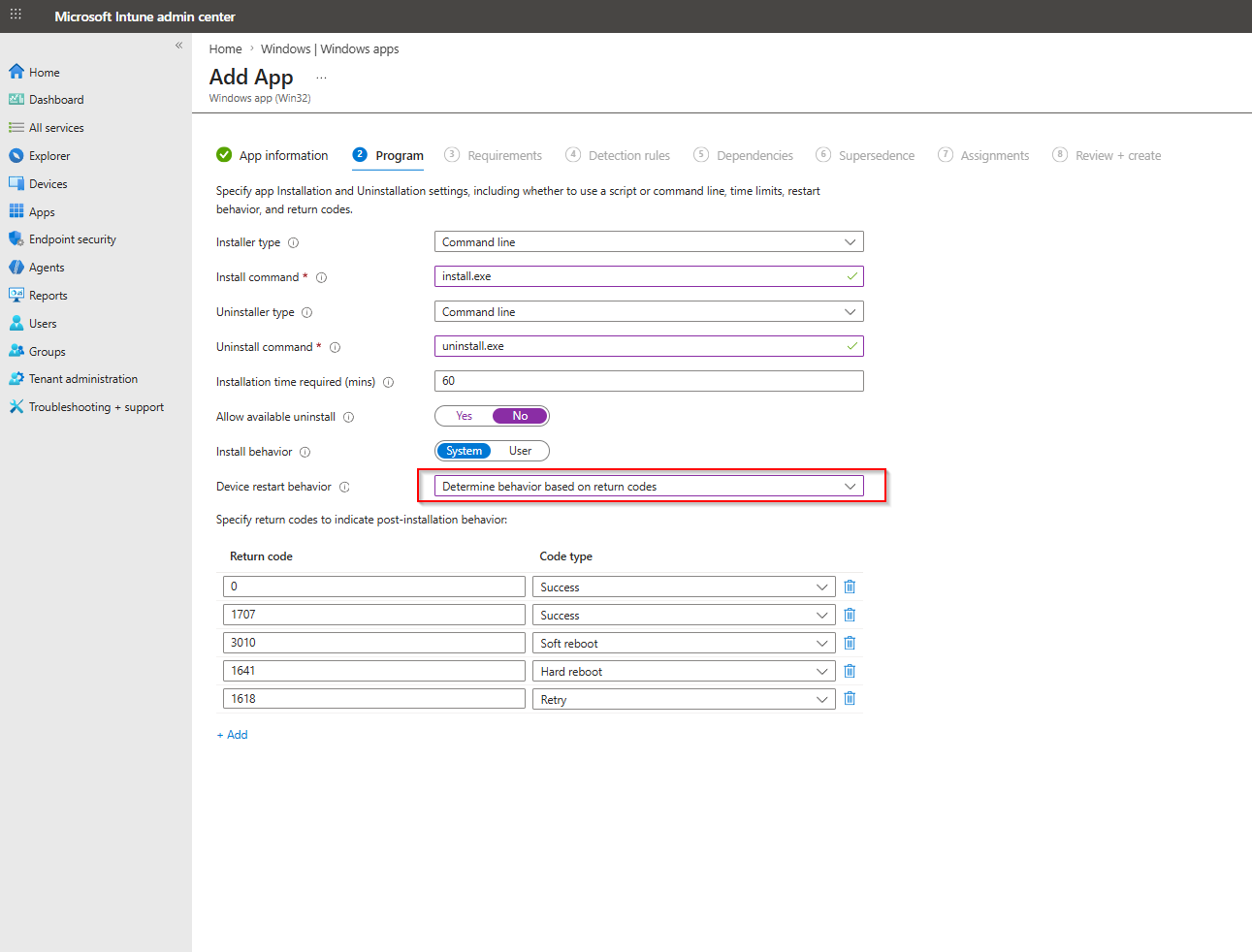 Program tab with placeholder commands and return code 1641 mapped to Hard reboot