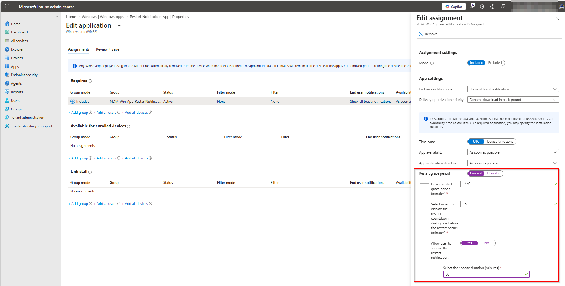 Assignment settings with restart grace period enabled, 1440-minute deadline, 15-minute countdown, and 60-minute snooze