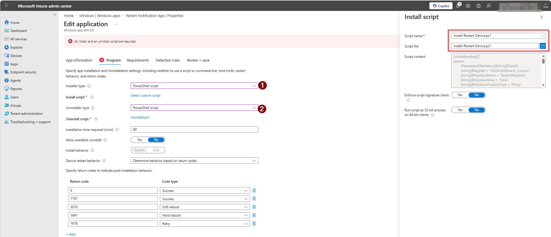 Edit application - installer type switched to PowerShell script with Install-Restart-Device.ps1 uploaded