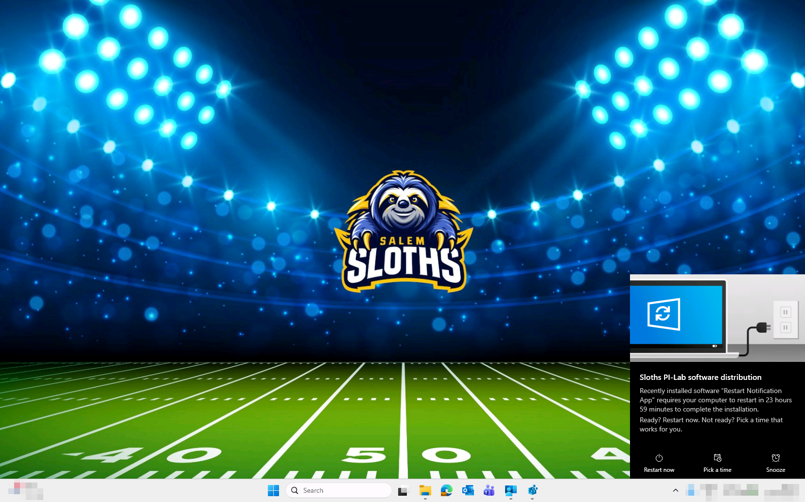Restart dialog showing Restart now, Pick a time, and Snooze options