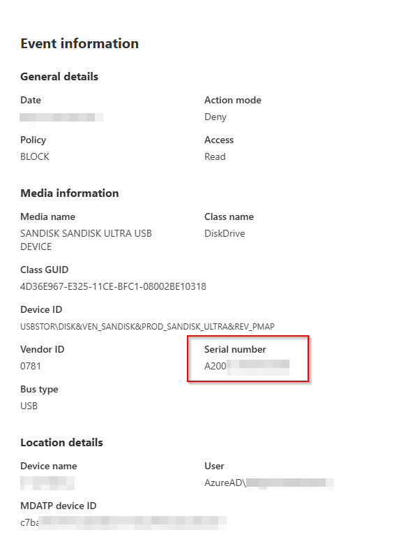 Event details with serial number highlighted
