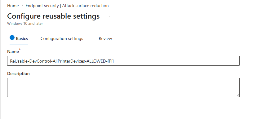 Printer reusable settings group name