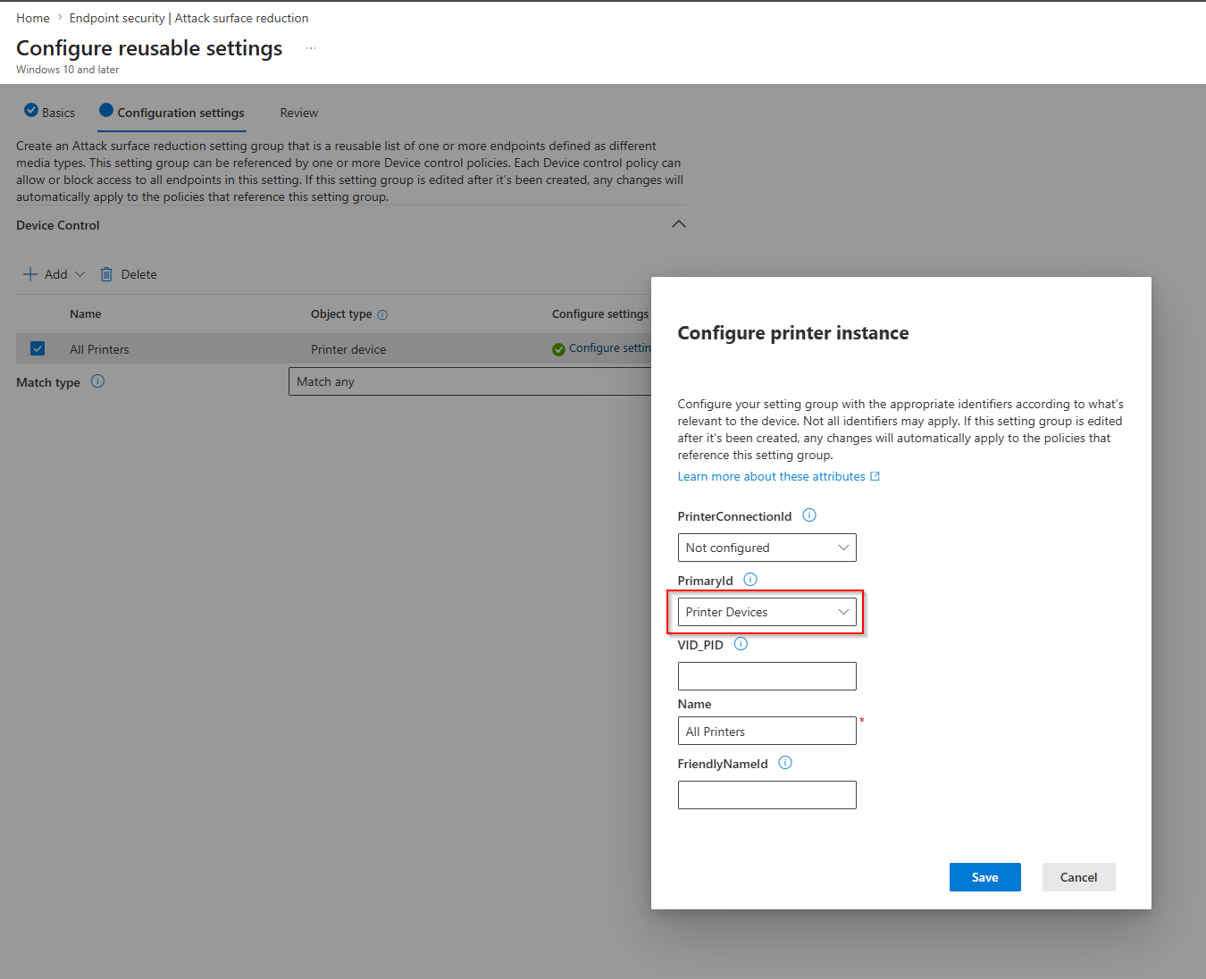 Configure printer instance with PrimaryId set to Printer Devices