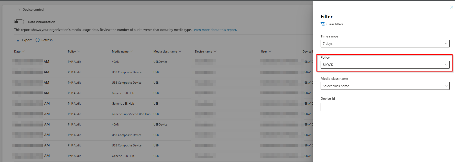 Device control report filtered by BLOCK policy