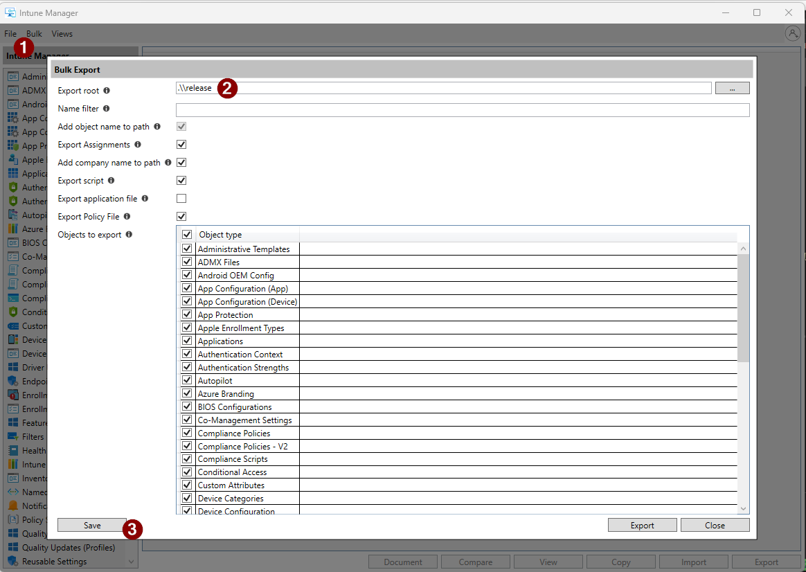 Bulk Export dialog in IntuneManagement with export root and Save button