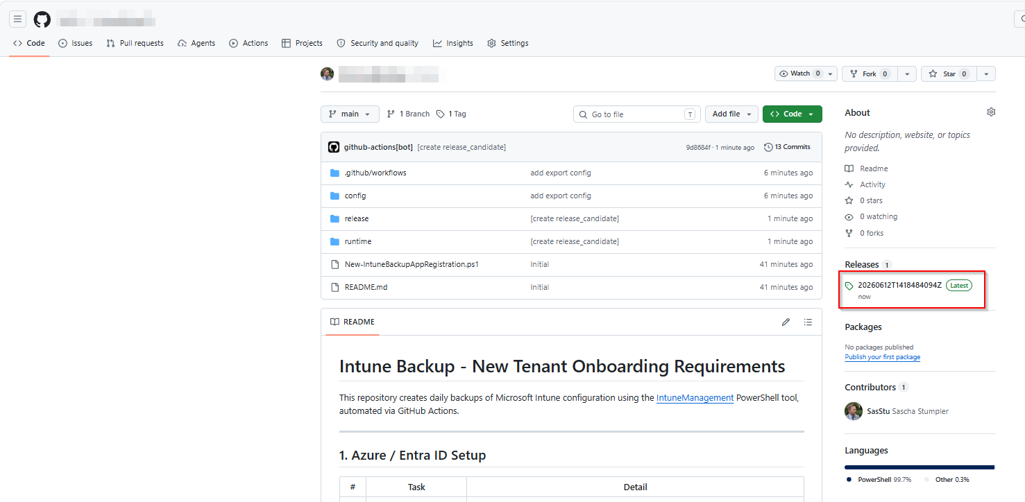 Repository after the first successful backup run with a timestamped release