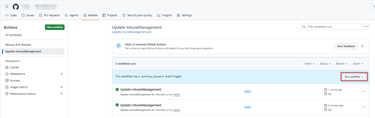 Running the Update-IntuneManagement workflow manually