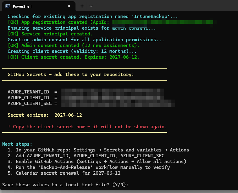Setup script output with the three GitHub secret values