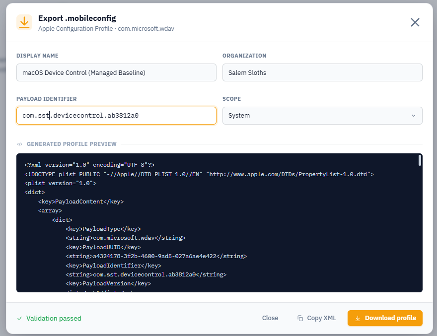 Export dialog showing Display Name, Organization, Payload Identifier, Scope set to System, generated XML preview, and Validation passed status