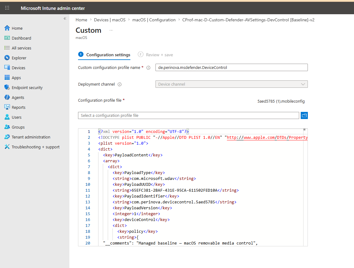 Intune admin center Custom configuration profile with the mobileconfig XML visible in the preview