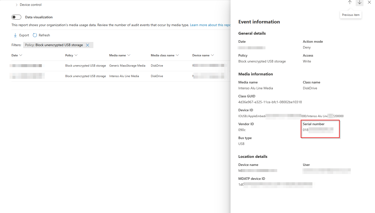 Device control report with two blocked entries and the event detail pane showing Vendor ID 090c, Serial number 018xxxxx, Bus type USB, action mode Deny