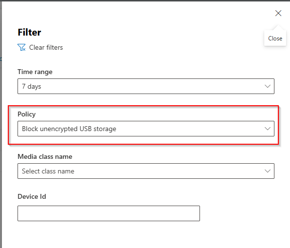 Device control report filter panel with Policy set to Block unencrypted USB storage