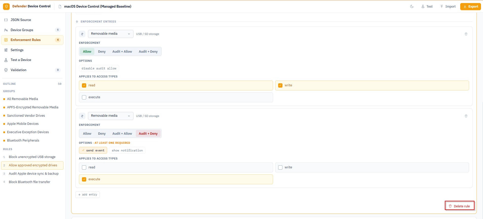 Allow approved encrypted drives rule detail showing two entries: Allow for read and write, Audit plus Deny for execute