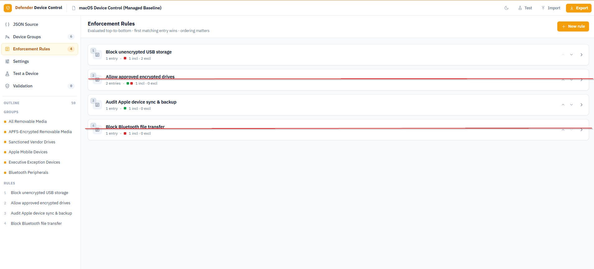 Sample managed baseline with four rules: Block unencrypted USB storage, Allow approved encrypted drives, Audit Apple device sync and backup, Block Bluetooth file transfer