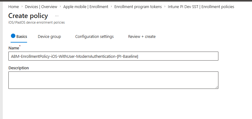 Basics tab with the policy name