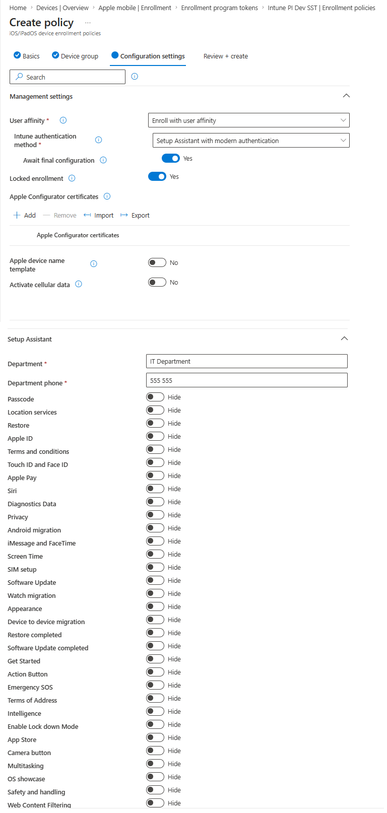 Configuration settings of the new iOS policy