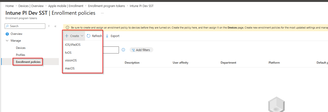 Create menu with the four platform options