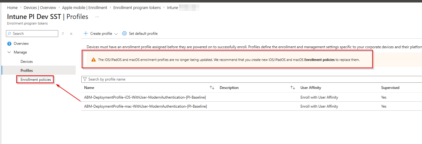 Warning banner in the enrollment profiles blade