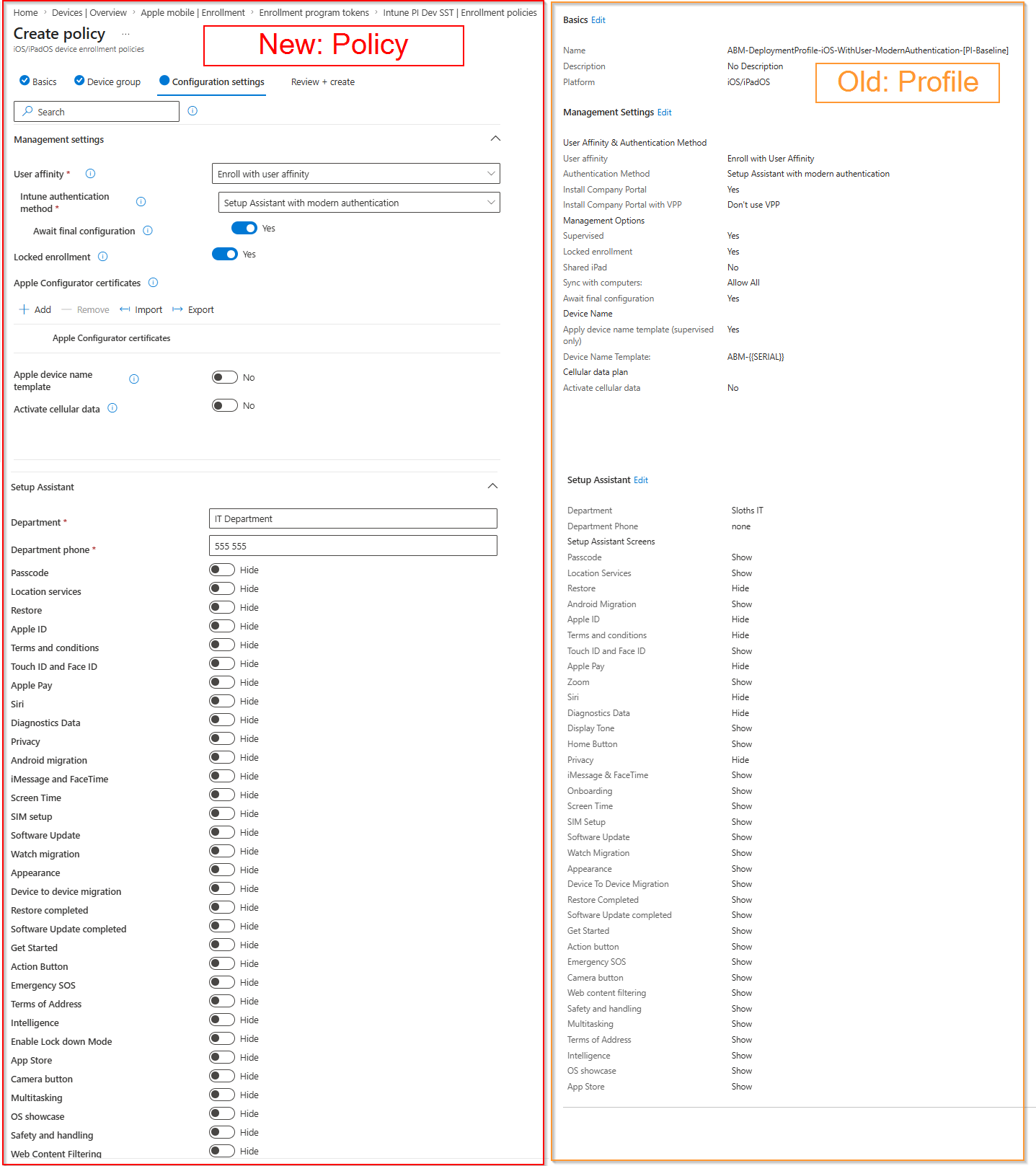 iOS policy vs. profile comparison
