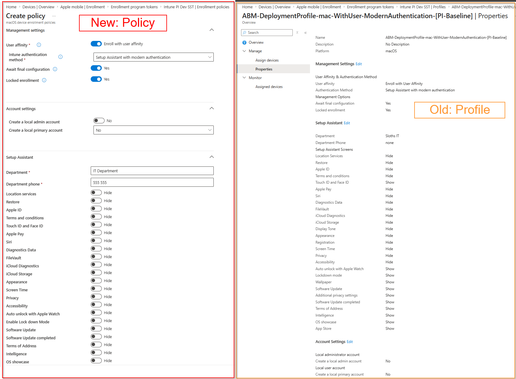 macOS policy vs. profile comparison