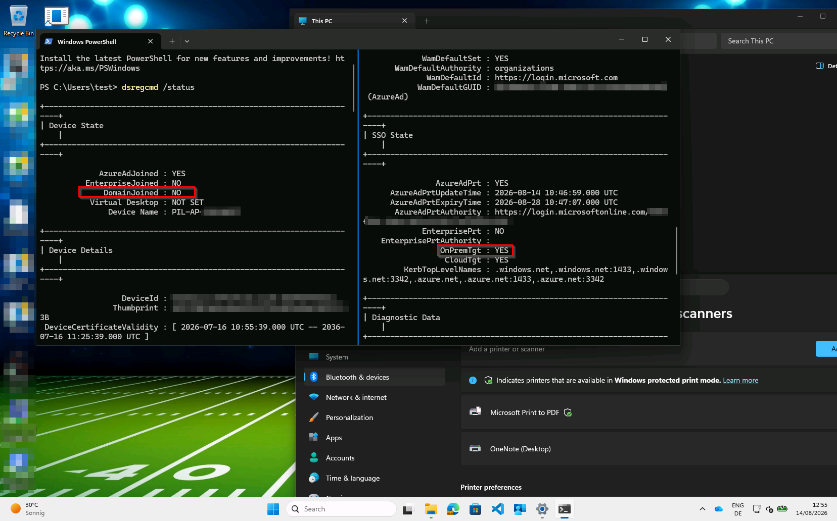dsregcmd /status side by side: Device State showing DomainJoined NO, and SSO State showing AzureAdPrt YES with OnPremTgt YES.