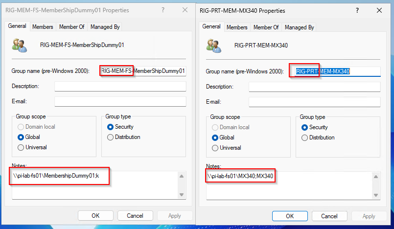 Two ADUC group property dialogs side by side. On the left a share group with its cn prefix highlighted and the Notes field containing a UNC path followed by a semicolon and a drive letter. On the right a printer group, again with the prefix highlighted, and the Notes field containing the printer's UNC path.