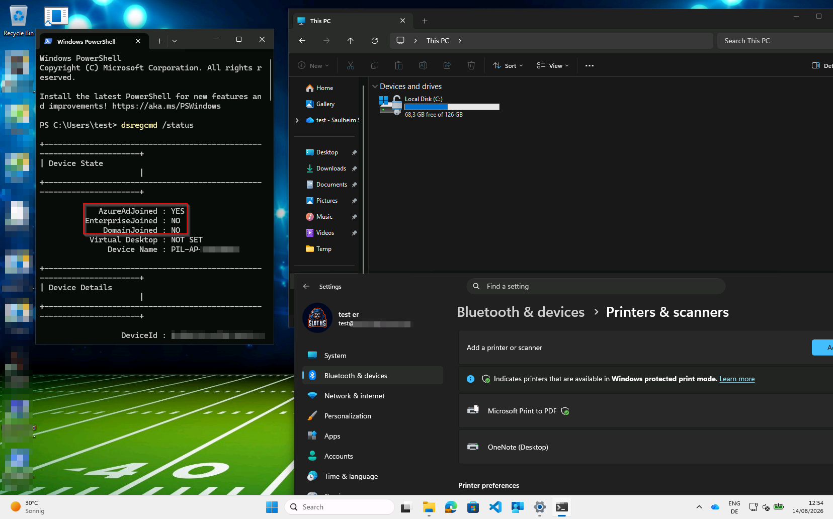 An Entra-joined device with no mapped drives and no network printers: File Explorer shows only Local Disk (C:), Printers & scanners lists only Microsoft Print to PDF and OneNote, and dsregcmd /status reports AzureAdJoined YES, EnterpriseJoined NO, DomainJoined NO.