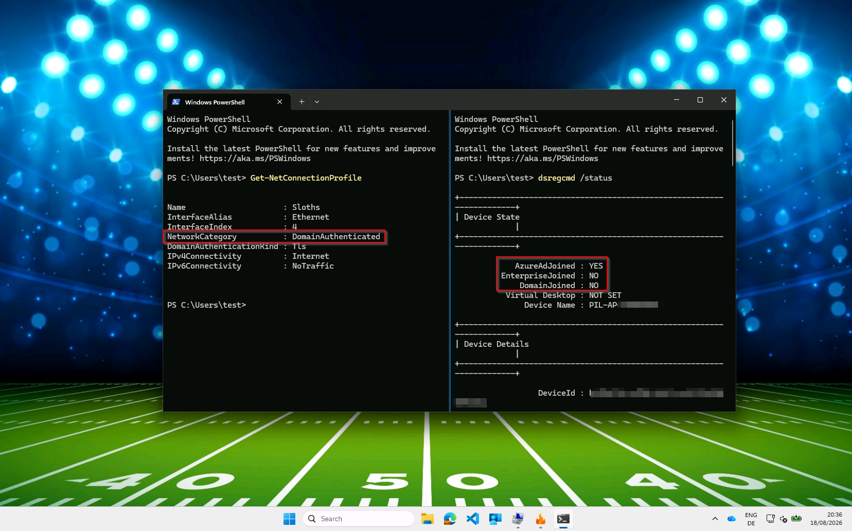 Two PowerShell panes side by side. Left: Get-NetConnectionProfile reporting NetworkCategory DomainAuthenticated with DomainAuthenticationKind Tls, under the network name configured in the policy. Right: dsregcmd /status reporting AzureAdJoined YES, EnterpriseJoined NO, DomainJoined NO - the Domain profile on a device that is not domain-joined.