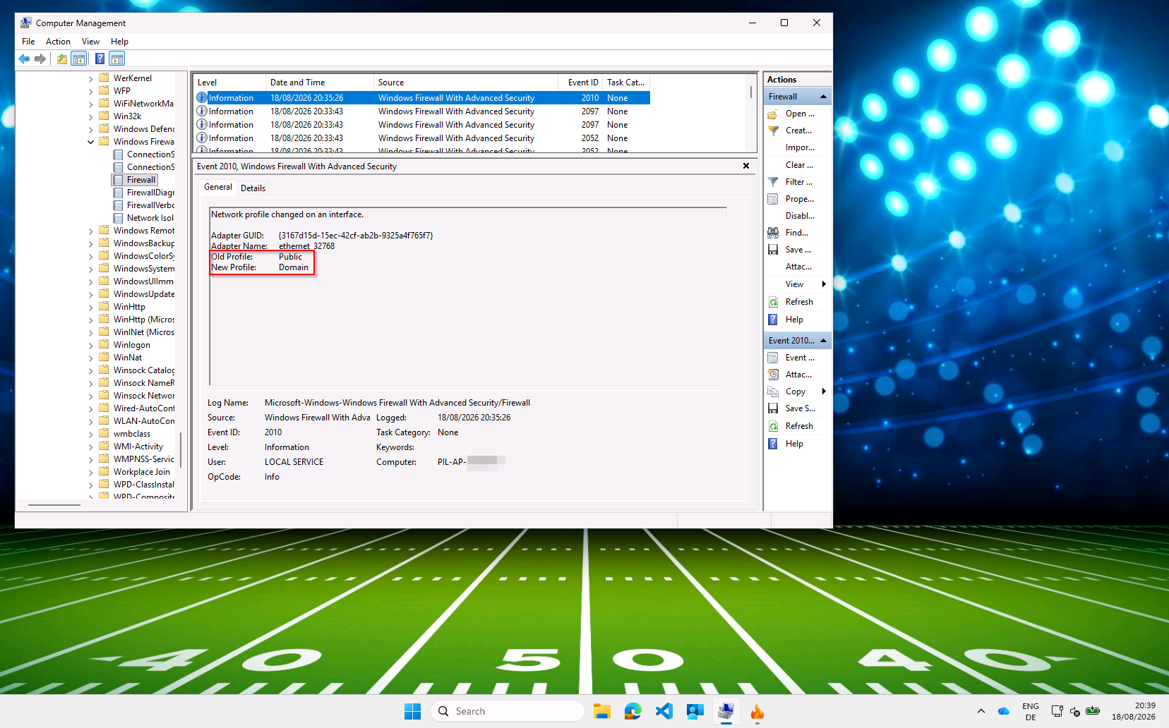 Event Viewer on the Windows Firewall With Advanced Security operational log, showing an Event ID 2010 on the General tab: "Network profile changed on an interface", Old Profile Public, New Profile Domain.