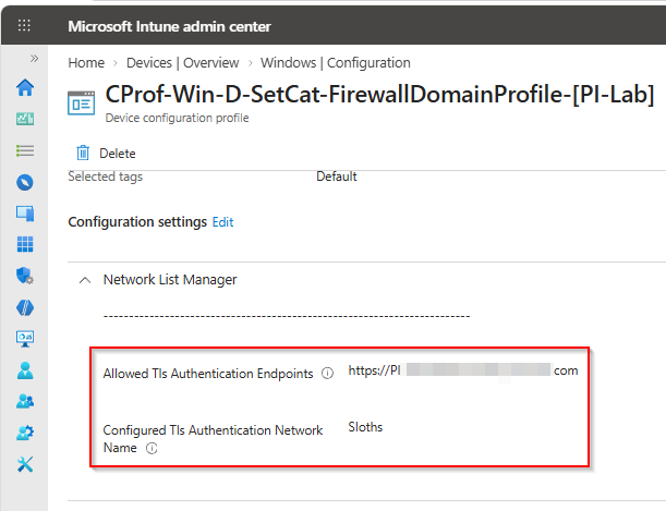 An Intune Settings Catalog device configuration profile, Network List Manager section, with "Allowed Tls Authentication Endpoints" set to an internal HTTPS URL and "Configured Tls Authentication Network Name" set to a friendly network name.