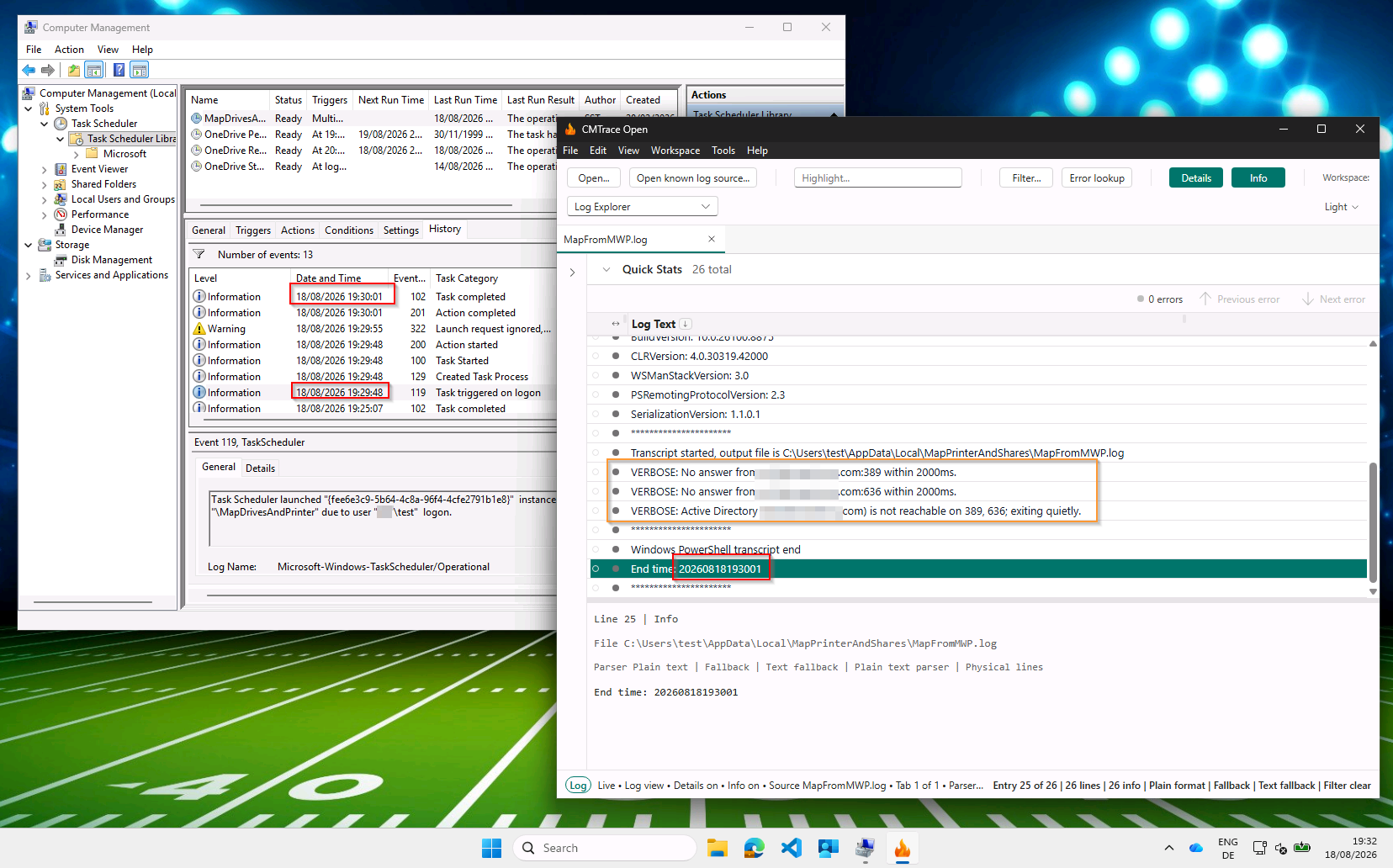 Task Scheduler history for the logon-triggered task, next to the transcript from the same run: the task is launched on logon at 19:29:48 and completes at 19:30:01, and the log in between shows no answer from the domain on port 389 or 636 within 2000ms, then "Active Directory is not reachable on 389, 636; exiting quietly".