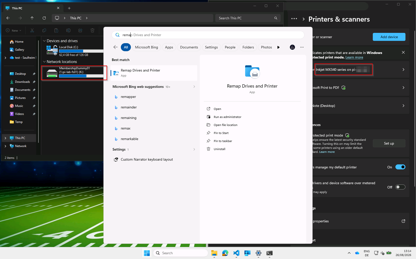 The finished state on a target device: File Explorer shows a mapped network drive on K:, Printers & scanners lists the mapped network printer alongside Microsoft Print to PDF and OneNote, and Windows Search finds the "Remap Drives and Printer" app installed by the package.