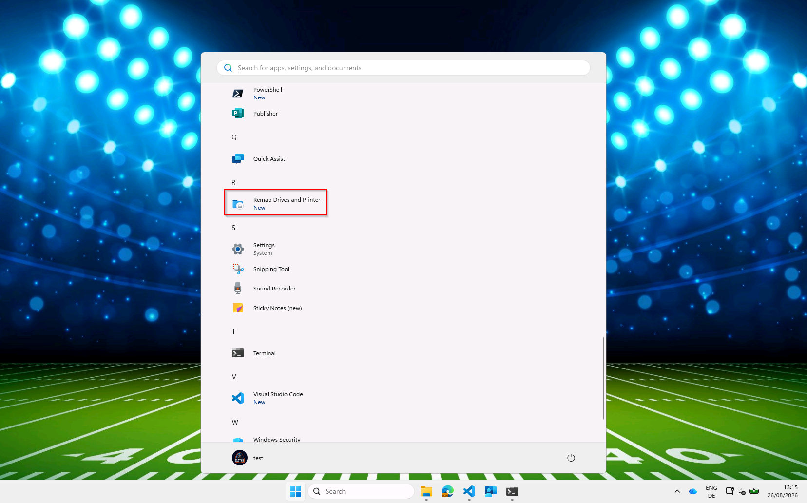 The Windows 11 Start Menu, All apps list, with the "Remap Drives and Printer" entry under R carrying the package's custom icon.
