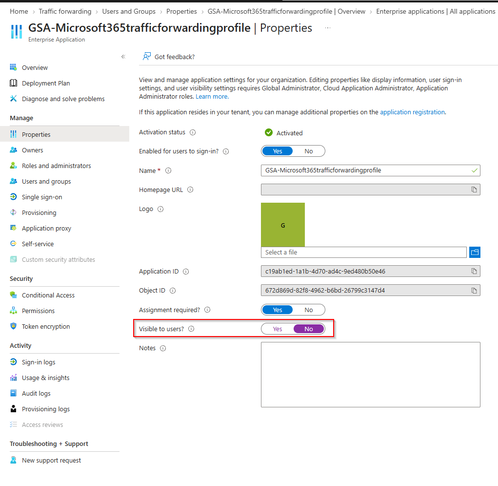 Properties blade of the same enterprise application with Visible to users? set to No and highlighted, alongside Enabled for users to sign-in and Assignment required both set to Yes.