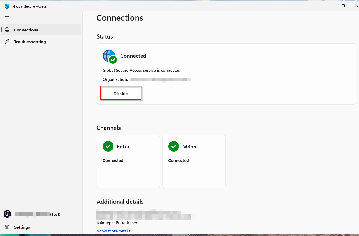 Global Secure Access client window on the Connections page, showing status Connected with the Entra and M365 channels both connected, and a Disable button highlighted directly under the status.