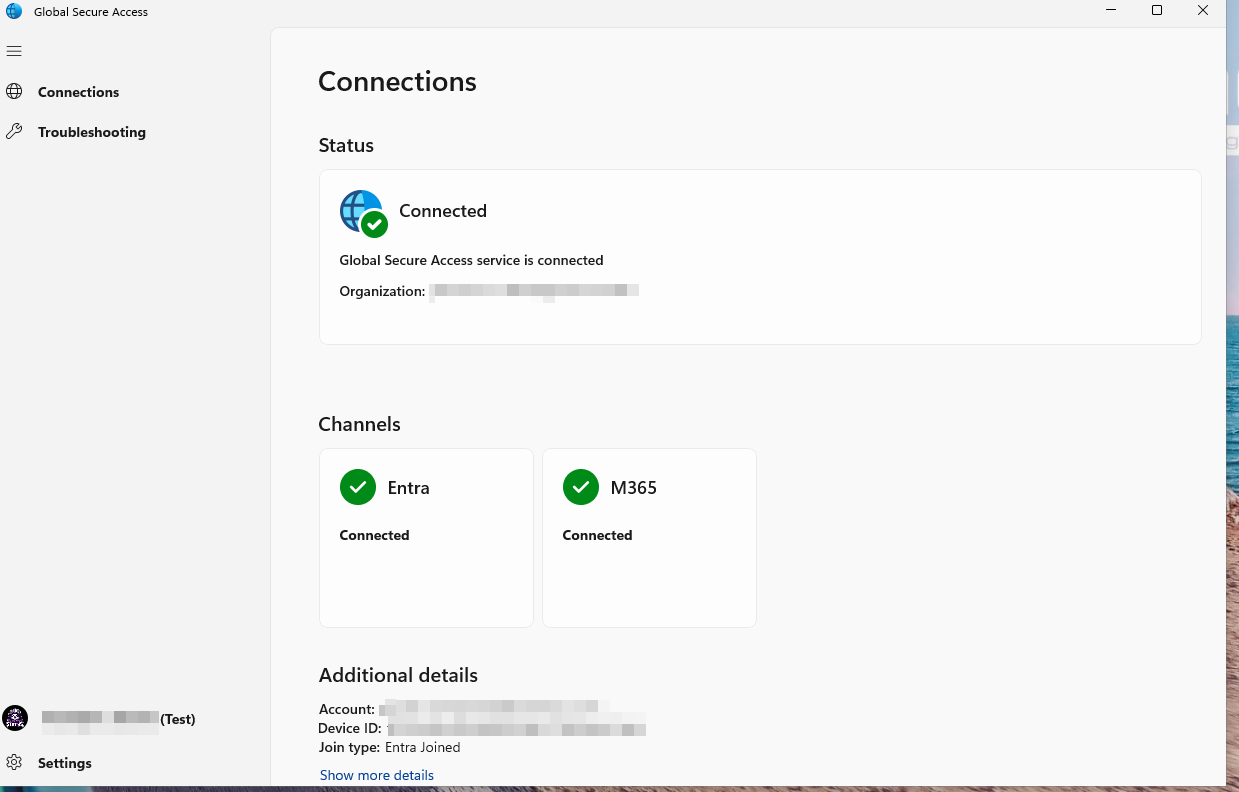 Global Secure Access client window on the Connections page after the settings app has run: status Connected with the Entra and M365 channels both connected, and no Disable button beneath the status.