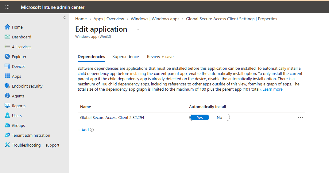 Dependencies tab of the settings app listing Global Secure Access Client 2.32.294 as its single dependency with Automatically Install set to Yes.