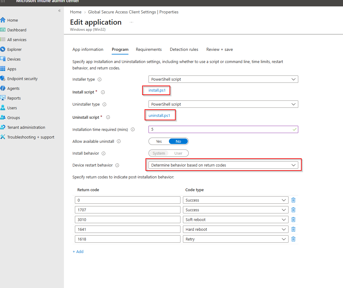 Program tab of the Global Secure Access Client Settings Win32 app, with installer type and uninstaller type both set to PowerShell script, install.ps1 and uninstall.ps1 uploaded and highlighted, install behavior System, device restart behavior set to Determine behavior based on return codes and highlighted, and the default return code table listing 0 and 1707 as Success, 3010 Soft reboot, 1641 Hard reboot and 1618 Retry.