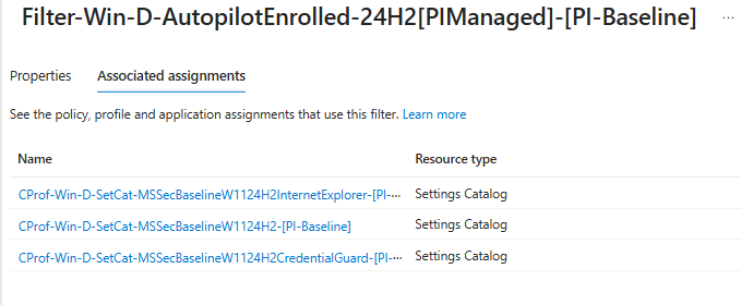 Associated assignments of the 24H2 band filter, listing that generation's baseline profiles