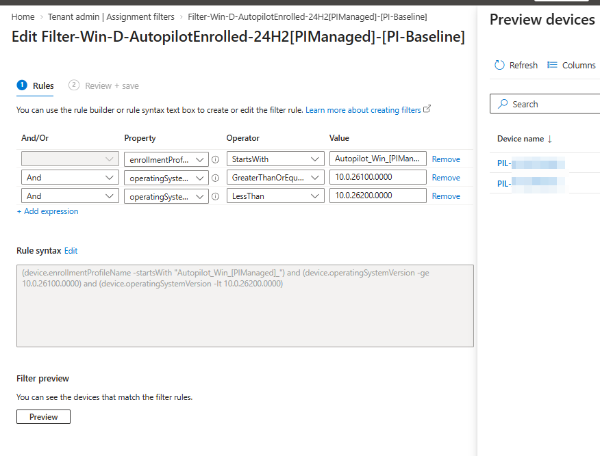 Assignment filter rule editor with the banded 24H2 rule