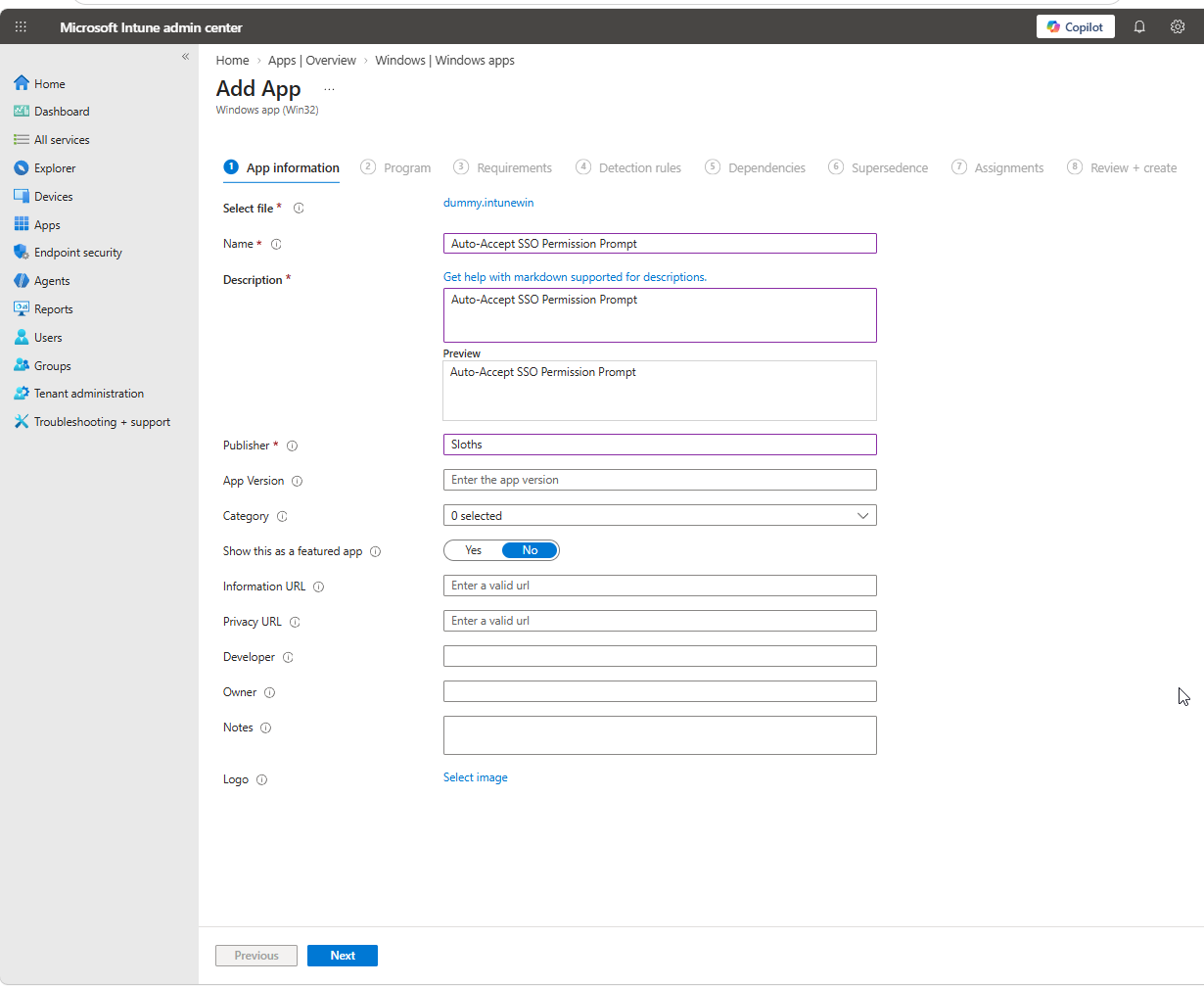 Add App wizard, App information tab: dummy.intunewin selected as the content file, with the app named and described as Auto-Accept SSO Permission Prompt.