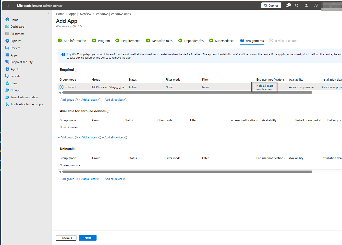 Assignments tab with the app assigned as Required to a named device group and End user notifications set to Hide all toast notifications.