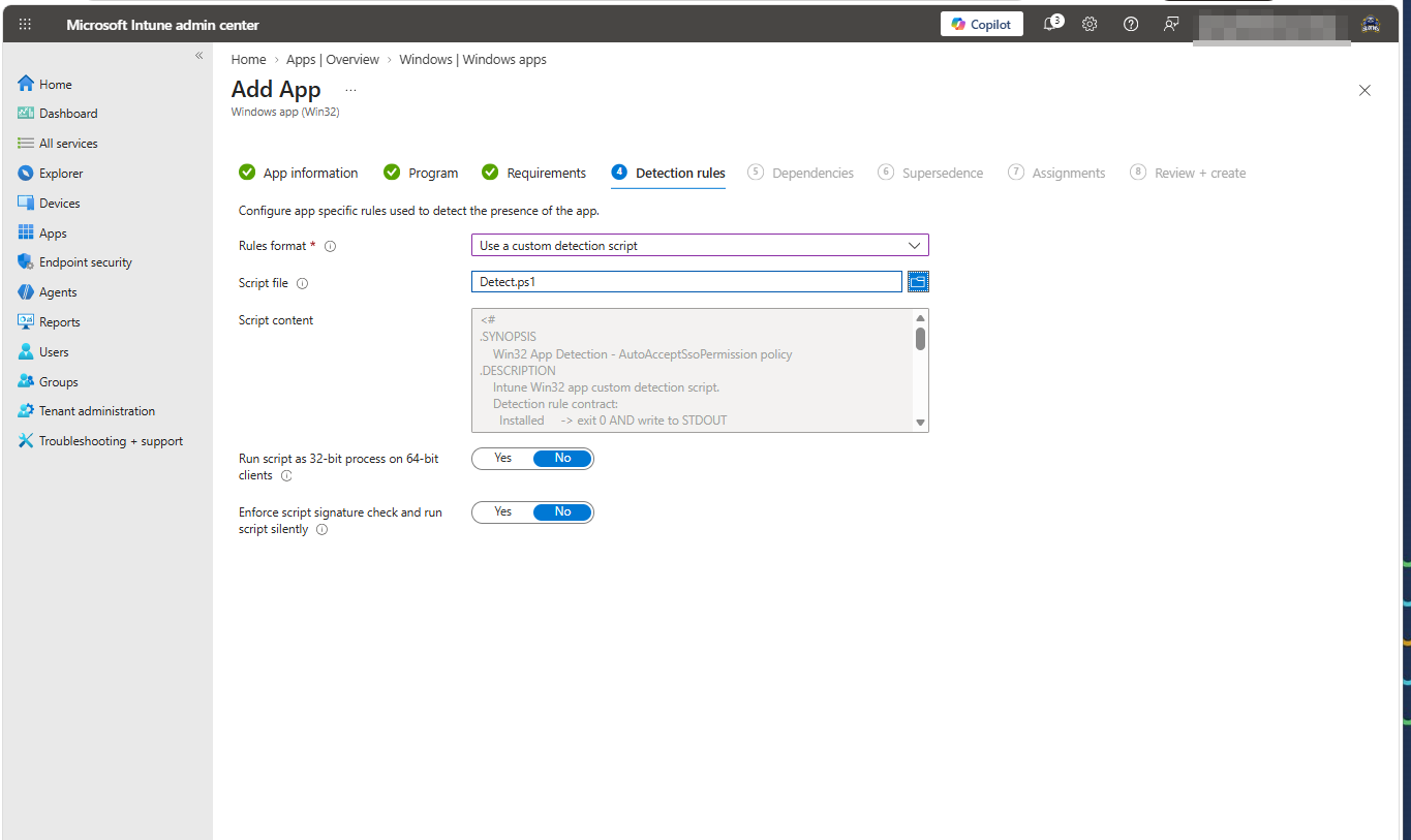 Detection rules tab using a custom detection script, Detect.ps1, with Run script as 32-bit process and Enforce script signature check both set to No.
