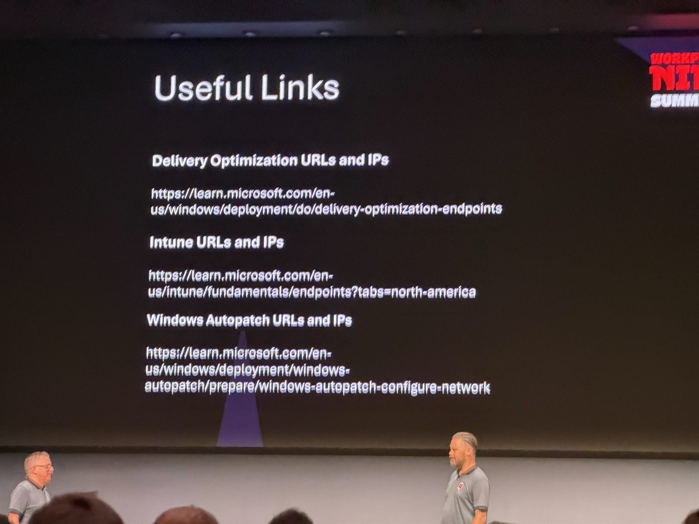 Slide titled "Useful Links" listing the Microsoft Learn URLs for Delivery Optimization, Intune, and Windows Autopatch endpoints