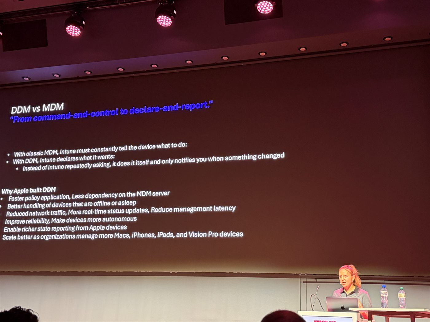 Slide "DDM vs MDM" with the subtitle "From command-and-control to declare-and-report", listing why Apple built DDM: faster policy application, less dependency on the MDM server, better handling of offline or sleeping devices, reduced network traffic, more real-time status, improved reliability and richer state reporting