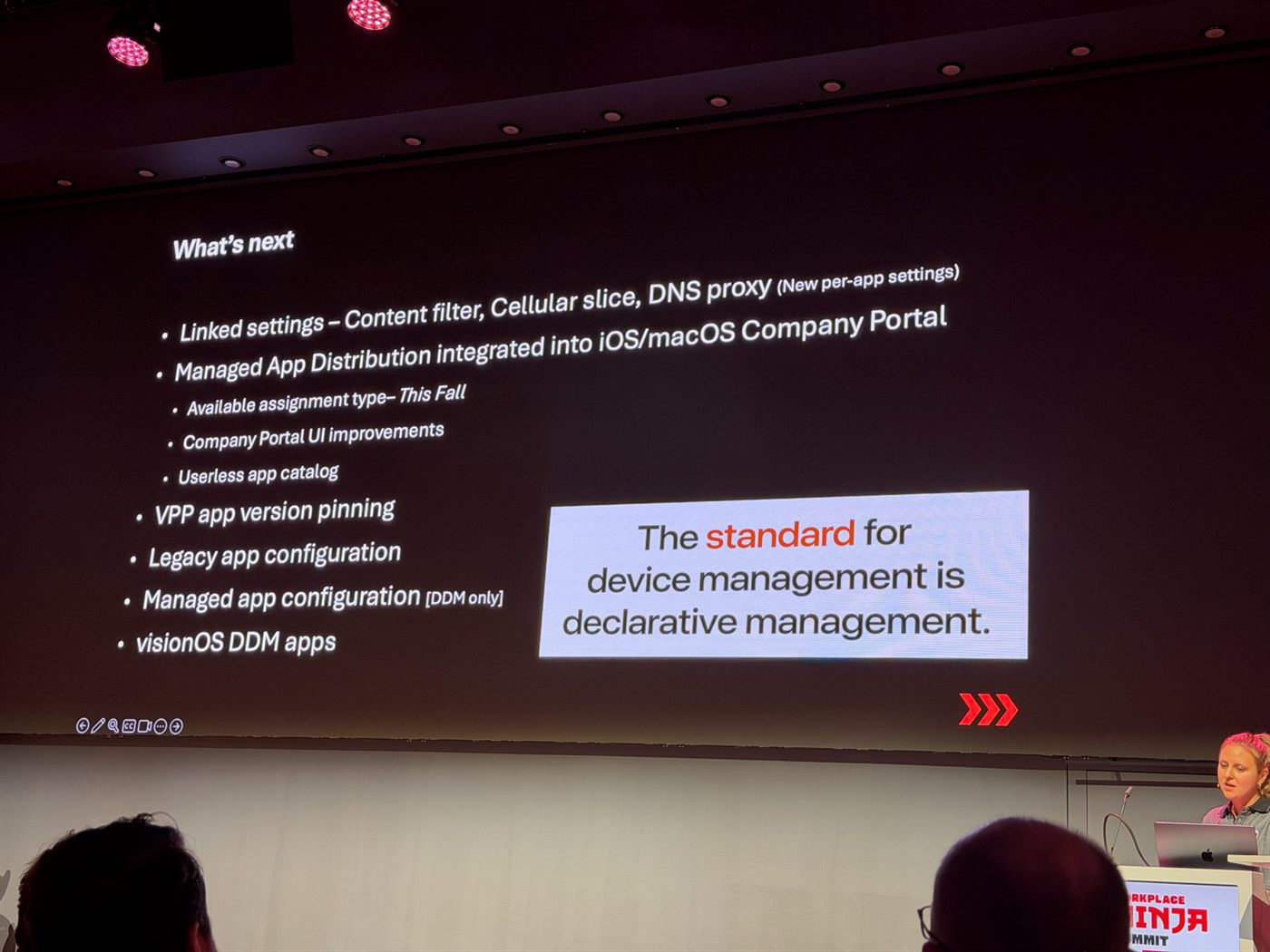 Slide "What's next" listing linked settings, Managed App Distribution in the Company Portal, VPP app version pinning, legacy app configuration, managed app configuration and visionOS DDM apps, next to a large callout reading "The standard for device management is declarative management."